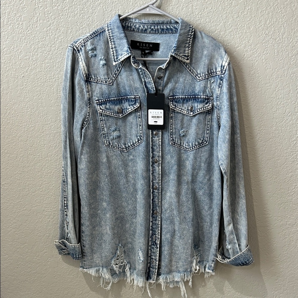 Risen Women's Light Wash Distressed Denim Shirt